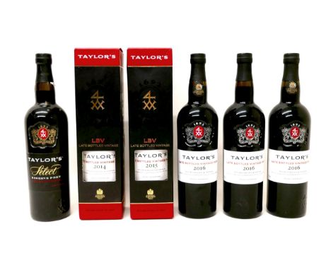 Vintage Port: a group of six bottles of Taylor's Port, comprising five bottles of Late Bottled Port, one 2014, boxed, one 201