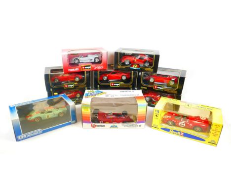 A collection of eight boxed Burago diecast Ferrari 1/18 scale cars, a Revell 1/18 scale Ferrari, a Universal Hobbies 1/18 sca