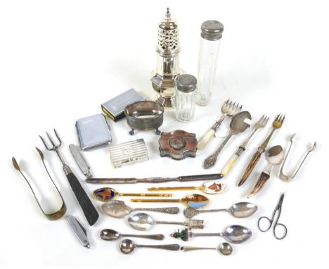 An assortment of silver plated and other items, including a snuff box, shaker and flatware. (1 bag)