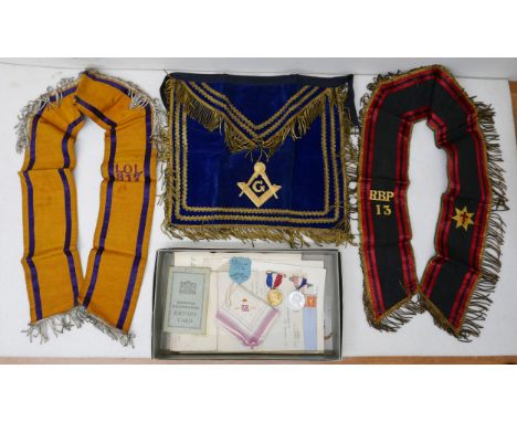 Ernest Livingston Ballymacash, Lisburn, Masons Regalia, including sash and apron-RBP 13, and LOL 317, Irish lodges, a 1937 Co