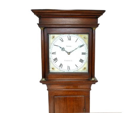 A late George III tiny birdcage movement thirty hour long case clock, by Fowle of Uckfield, 10 inch painted dial, steel hands