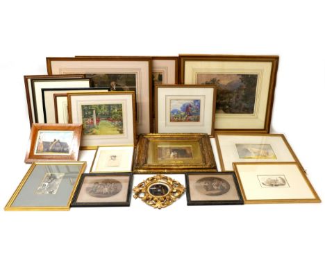 A collection of paintings and prints, including a small circular painted panel with giltwood frame, 20cm, river landscape wat