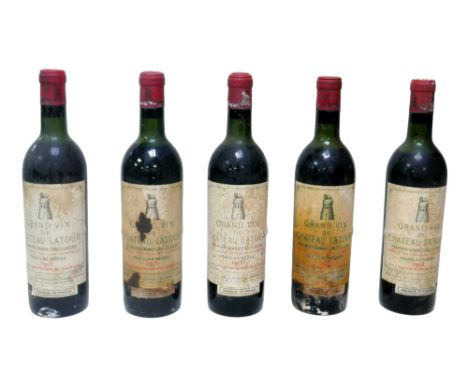 Vintage wine: five bottles of 1958 Grand Vin de Chateau Latour, Pauillac-Medoc, Premier grand Cru Classe: U: near top of shou