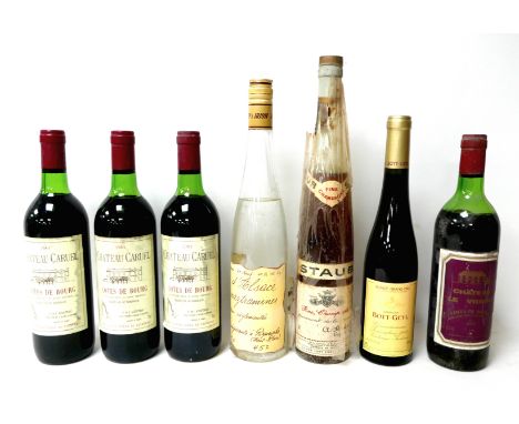 Vintage Wine: a mixed parcel of seven bottles, comprising three bottles of 1983 Chateau Caruel Cotes de Bourg, 1983, a bottle