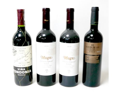 Vintage Wine: four bottles of rioja, comprising two bottles of Muga Seleccion Especial, 2014, one bottle of Baron de Ley, Gra