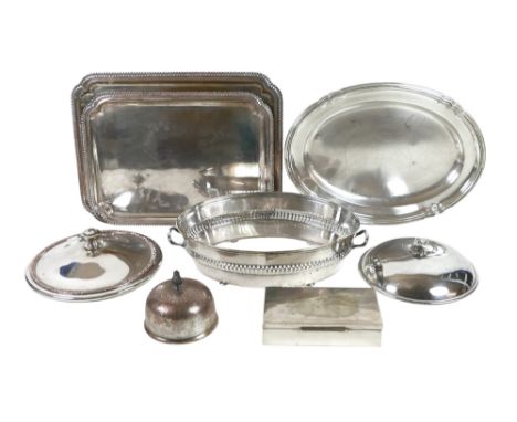 A quantity of silver plated items, including Sheffield plated lids, a rectangular cigar box, two rectangular trays stamped 'I