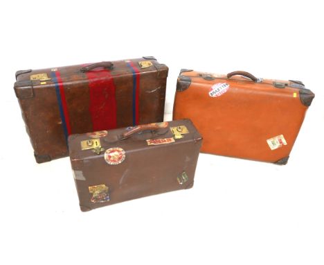 Three vintage fibre suitcases with interesting labels. (3) 
