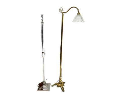 A modern design lucite and chromed metal standard lamp, square stepped base, 153cm high, together with a brass standard lamp 