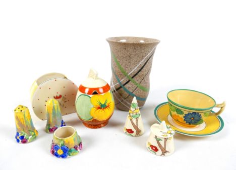A collection of Clarice Cliff, including a Daffodil shaped preserve pot in the pattern 'Nasturtium', 12.7cm high, a 'Sungay' 