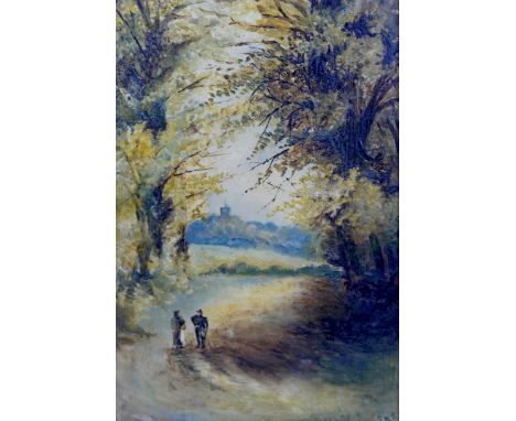 E. A. R (British, 19th century): Victorian landscape with tower in the distance, oil on board, 17 by 12cm, framed, 27 by 21.5