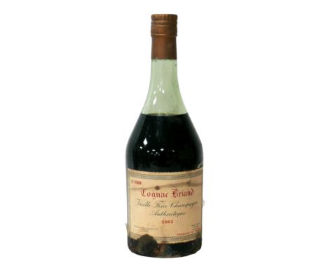 Vintage cognac: one bottle of Cognac Briand Vieille Fine Champagne Authentique 1865, U: middle shoulder. 