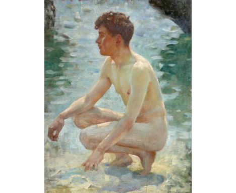 Manner of Henry Scott Tuke RA RWS (British, 1858-1929): nude study of a young man, circa 1915, crouched down looking off to t