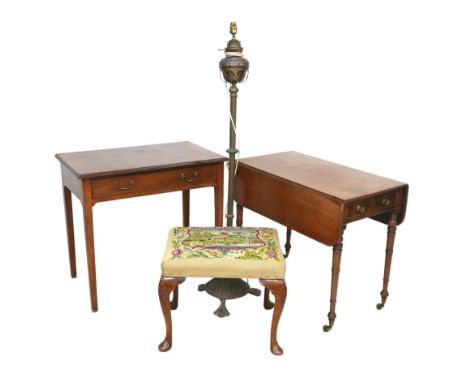 A group of furniture, comprising a 19th century stool, with tapestry seat, 57 by 45 by 48cm high, a 19th century mahogany low