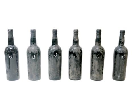 Vintage wine: six bottles with unknown contents believed to be port, a/f. (6) 