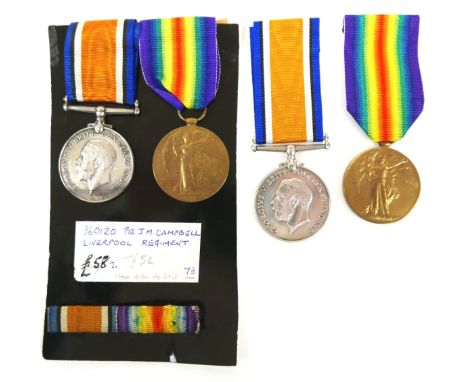A collection of four WWl medals, pair to 360120 Pte J.M. CAMPBELL LIVERPOOL REG and pair to 27273 Pte R HISLOP R FUS 