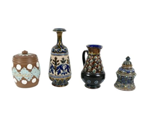 A group of Royal Doulton stonewares, comprising a tobacco jar, 13cm high, inkwell, 8 by 12cm high, jug, 15.5cm high, and vase