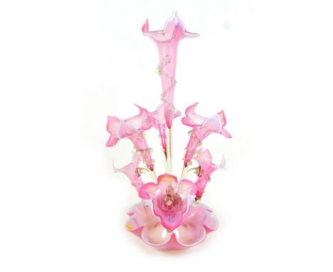 A Victorian pale pink opaline glass seven branch epergne, 35 by 57cm high.
