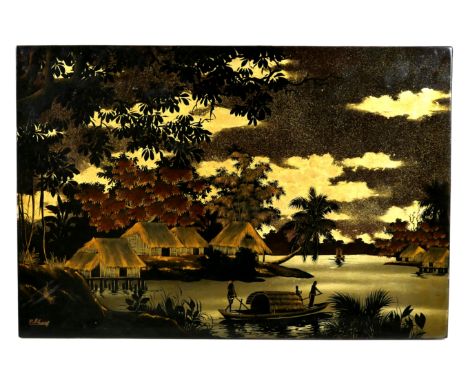 A mid 20th century Vietnamese lacquer painting on panel, depicting a village scene on a river, signed lower left, 60 by 40cm.