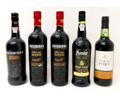 Vintage Port: a group of five bottles of port, comprising three bottles of Cockburn's Special Reserve Port, a bottle of Porto