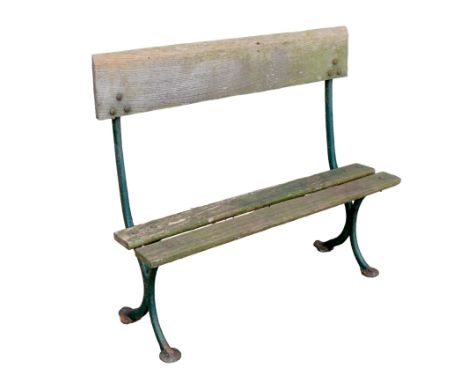 A vintage garden bench, with cast iron green painted legs, 103 by 34 by 89.5cm high. 