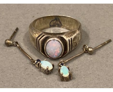 Silver &amp; Opal dress ring (size O) together with a pair of Opal, sapphires &amp; silver drop earrings, 9.4g gross 