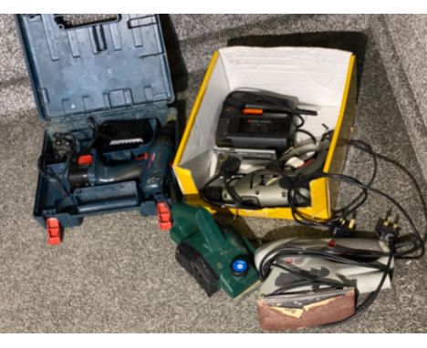 Bosch power drill with original case together with a sander, jigsaw etc 