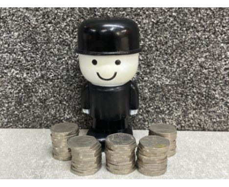Vintage Fred Bero flour man money box containing a total of 62 old 50p coins to include the ring of hands etc 