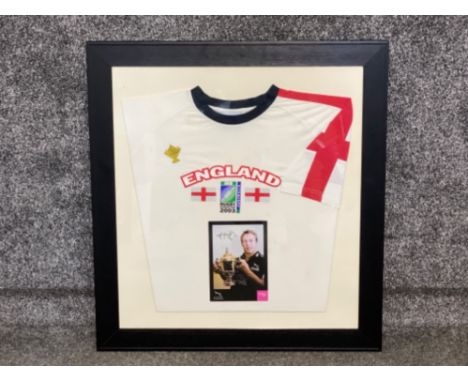 Framed England Rugby World Cup 2003 shirt with signed Jonny Wilkinson “Newcastle Falcons” picture, 72x79cm 