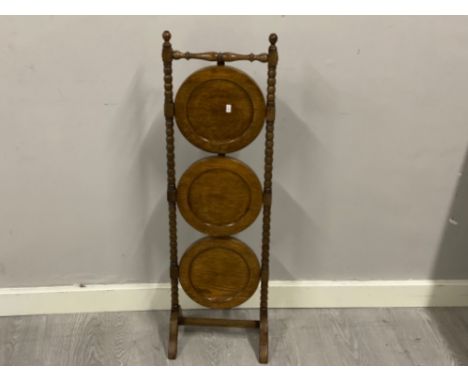 Antique solid oak 3 tier folding cake stand with bobbin uprights 
