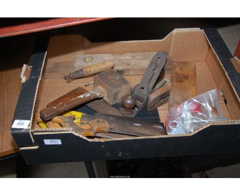 A tray of carpenters' tools including: spirit levels, wooden mallet, planes and hand-saws.