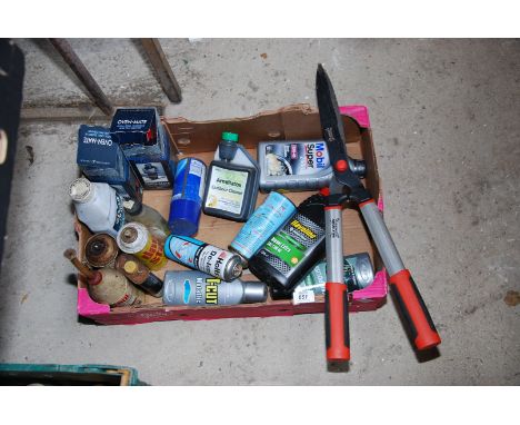 A pair of 'Wilkinson sword' shears, car polish, motor oil and oven mate, etc.,