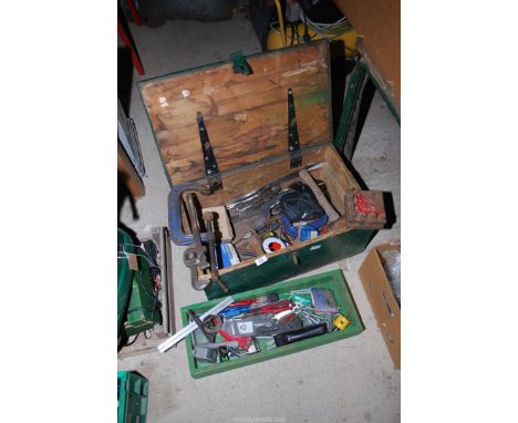 A variety of workshop equipment including chisel, G-clamp, copper hammer, etc., and a tray of various tools in a wooden tool 