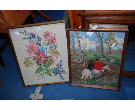 Two tapestry pictures, one floral and one hunting.
