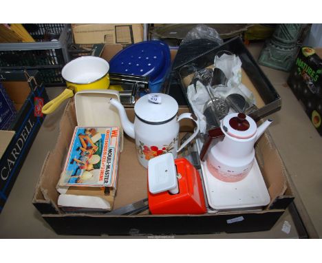Two boxes of enamel cookware teapot, scales, pasta maker and a garlic press.
