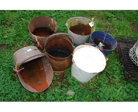A copper coal bucket, and enamel and galvanised buckets.