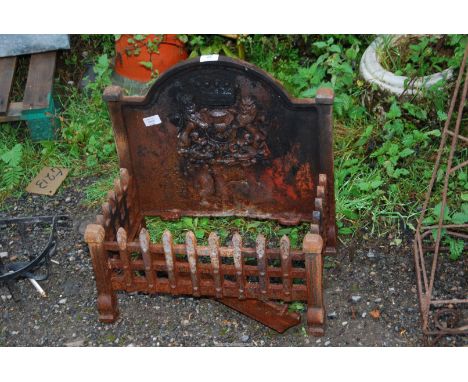 A Fire Dog Grate with coat of arms - 20" high x 20" across, (Grate 19½" x 11").