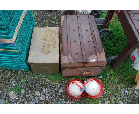 A metal trunk, brass slipper box and two plastic poultry drinkers.