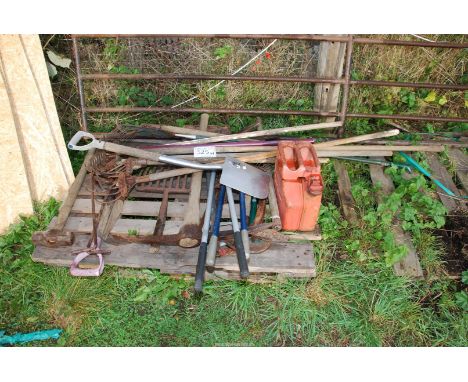 Quantity of mixed tools including, stake mallet, garden cultivators, jerry cans, and spade etc.