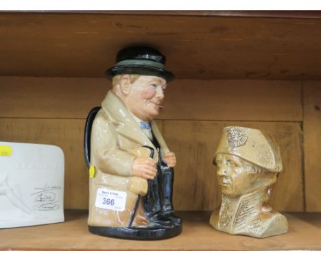 A Doulton and Watts Lambeth stoneware jug in the form of a bust portrait of Nelson and Royal Doulton Winston Churchill Toby j