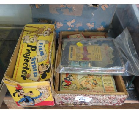 A Mickey Mouse 'Movie Jector' with Silly Symphony series no15 Pathescope 9.5mm films, Disney lantern slides and film strip pr