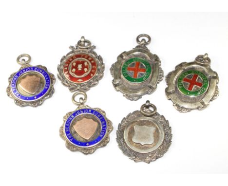 Six silver and enamel fobs
