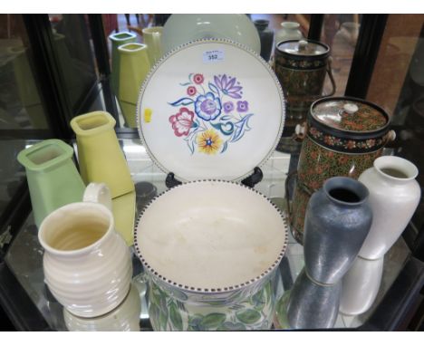 A Poole pottery pair of black and white lustre vases 15cm high, a foliate pattern bowl No.685, a floral plate and other wares