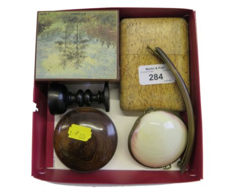 A wooden cheroot case, a wooden box with a painting of hindhead to the lid, a mother of pearl box, etc