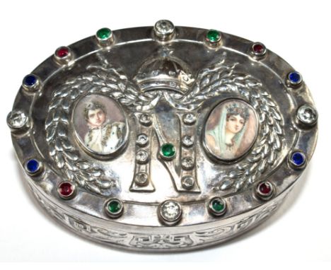 A 19th century silver table snuff box having the crowned cypher of Napoleon to the lid and oval portrait miniatures within la