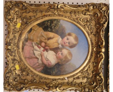19th century English School Half length portrait of a brother and sister Oil on canvas (relined) Oval, 34cm x 29cm, unsigned 