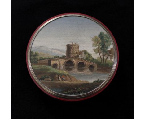 A round hardstone (possibly Jasper) snuff box circa 1790, possibly Italian or French. The lid set with a micromosaic of the P