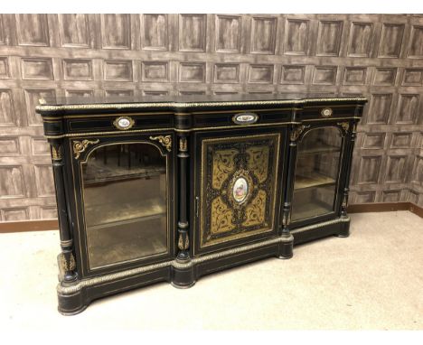 VICTORIAN BOULLE CREDENZA, the breakfront top above a frieze inset three ceramic plaques, the central cupboard door inset a f