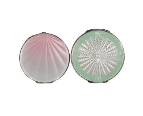 ATTRACTIVE ENGINE TURNED SILVER AND GUILLOCHE ENAMEL CIRCULAR COMPACT,the hinged cover with central silver enamel panel withi