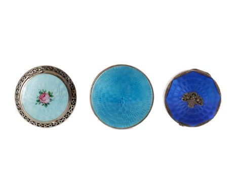 ENGINE TURNED SILVER AND LAPIS GUILLOCHE ENAMEL CIRCULAR COMPACT,the hinged cover with indented octagonal moulding with outse