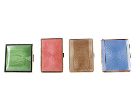 FOUR ART DECO GOLD PLATED OBLONG AND SQUARE COMPACTS,each with guilloche enamel covers, of sizes (4)